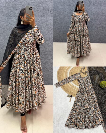 Graceful Anarkali crafted from pure cotton hand-block printed Kalamkari fabric