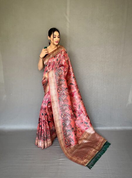 SOFT SILK SAREE WITH NEW CONCEPTUAL DESIGN IN KALAMKARI FUSION PRINT