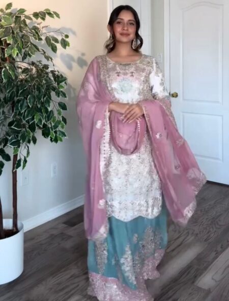 Đěsigner Party Wear Look Heavy Faux Georgette Top Plazzo & Dupatta Set